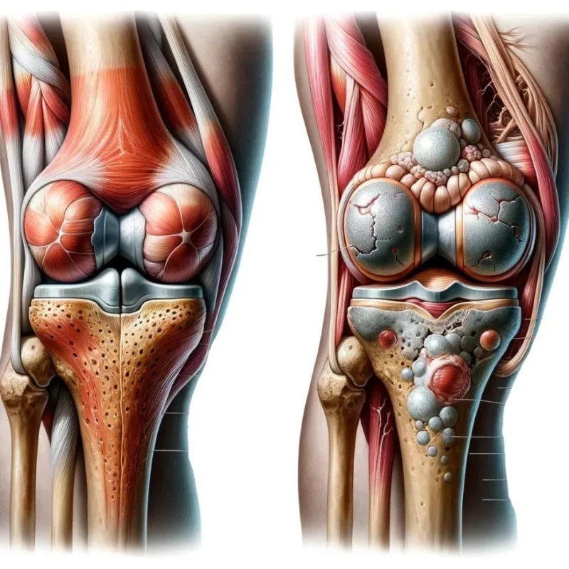 Above is an illustration of what a healthy knee (left) looks like versus an inflamed painful knee (right)
